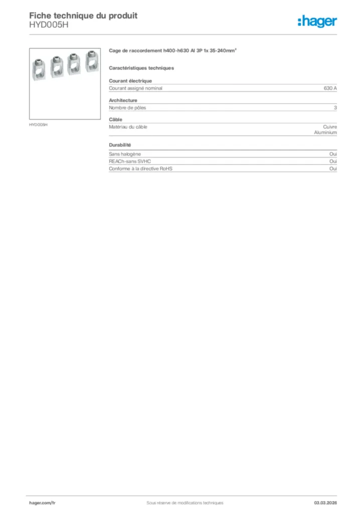 Image Hager Fiche technique du produit HYD005H | Hager France