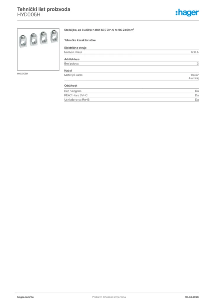 Slika Hager Tehnički list proizvoda HYD005H  | Hager