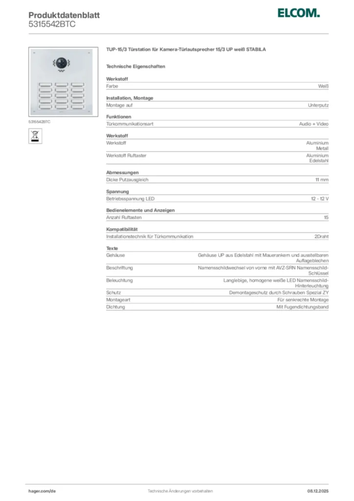 Bild Elcom Produktdatenblatt 5315542BTC | Hager Deutschland
