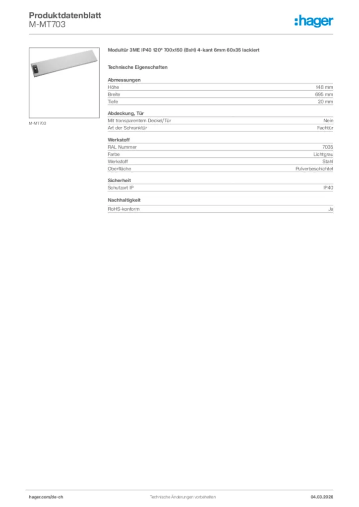 Bild Hager Produktdatenblatt M-MT703 | Hager Schweiz