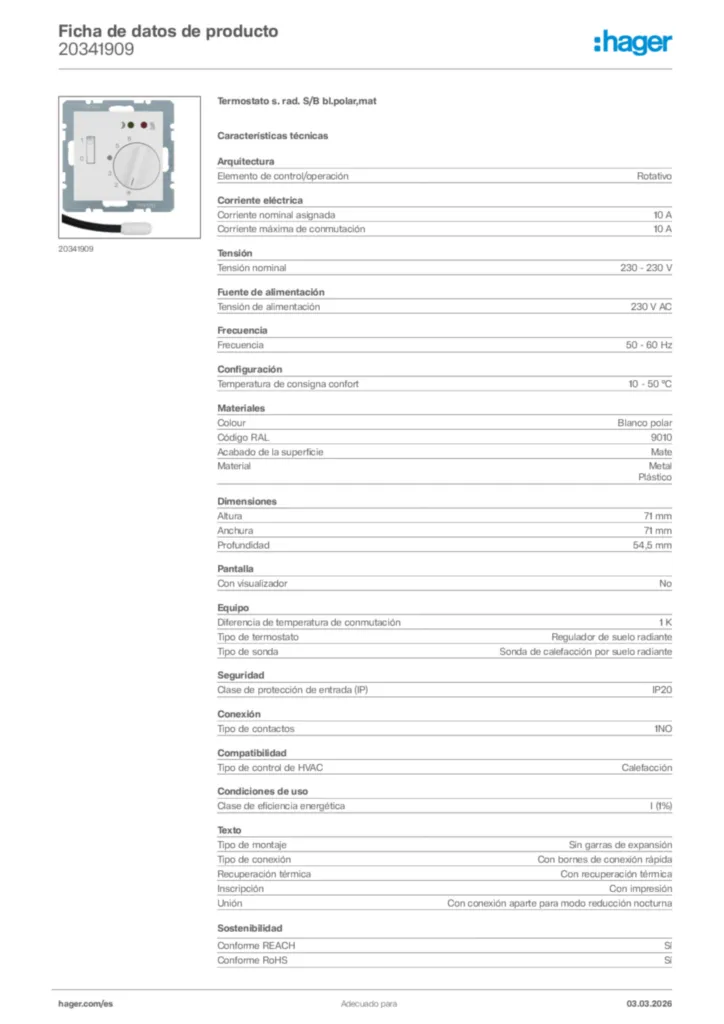 Imagen Hager Ficha de datos de producto 20341909 | Hager España