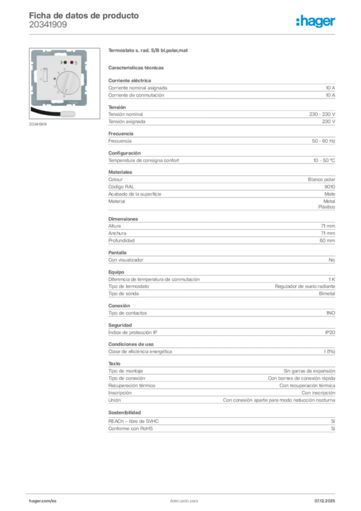 Imagen Hager Ficha de datos de producto 20341909 | Hager España