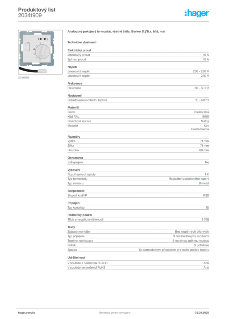 Obrázek Hager Produktový list 20341909 | Hager