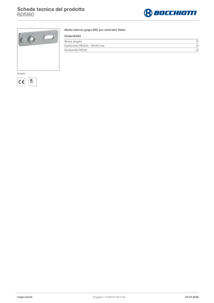Immagine Bocchiotti Scheda tecnica del prodotto B05160 | Hager Italia