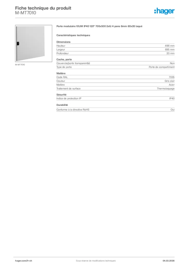 Image Hager Fiche technique du produit M-MT7010 | Hager Suisse