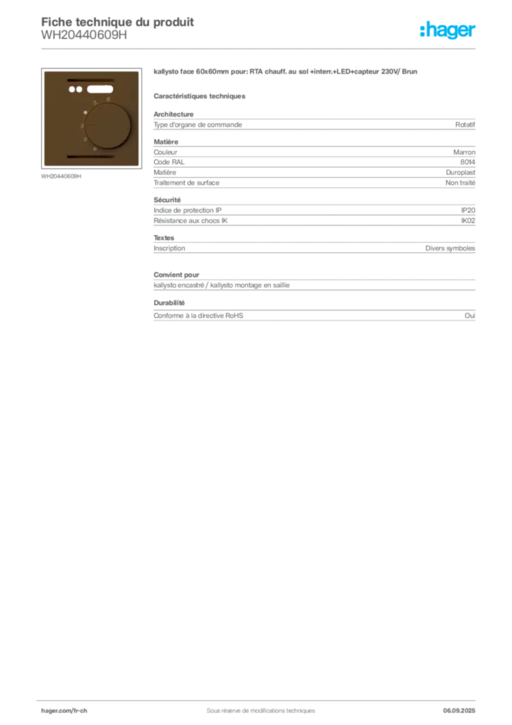 Image Hager Fiche technique du produit WH20440609H | Hager Suisse