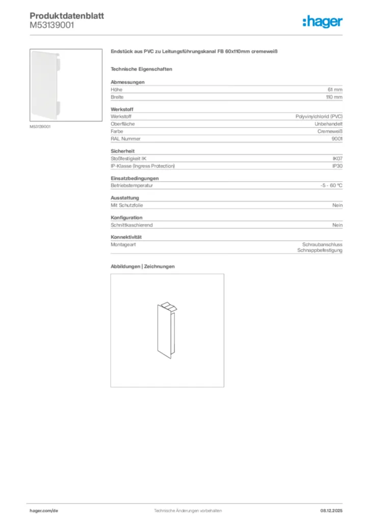 Bild Hager Produktdatenblatt M53139001 | Hager Deutschland