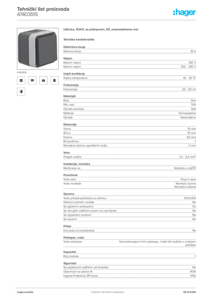 Slika Hager Product data sheet 47403515  | Hager