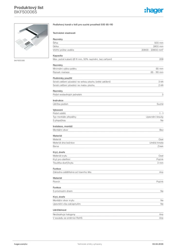Obrázek Hager Product data sheet BKF500065 | Hager