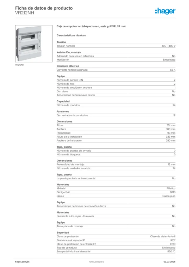 Imagen Hager Ficha de datos de producto VR212NH | Hager España