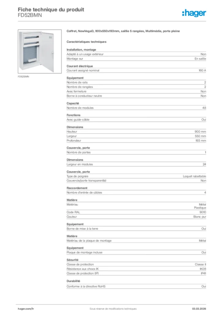 Image Hager Fiche technique du produit FD52BMN | Hager France