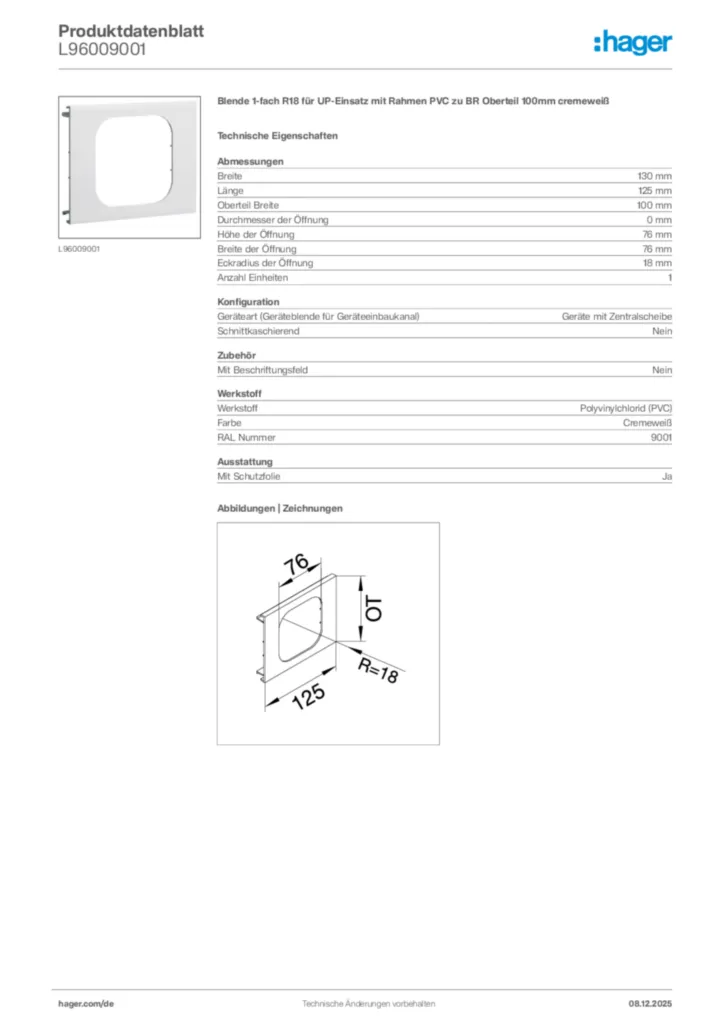 Bild Hager Produktdatenblatt L96009001 | Hager Deutschland