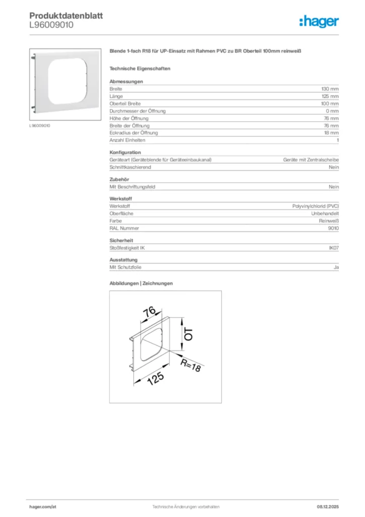 Bild Hager Produktdatenblatt L96009010 | Hager Deutschland