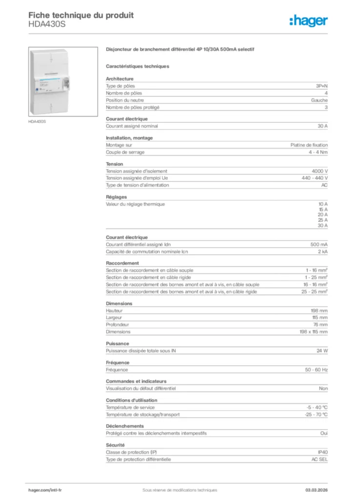 Image Hager Fiche technique du produit HDA430S | Hager Afrique