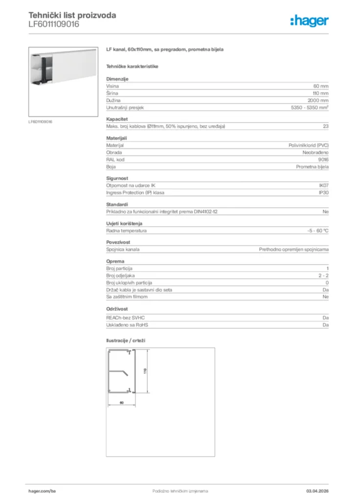 Slika Hager Tehnički list proizvoda LF6011109016  | Hager