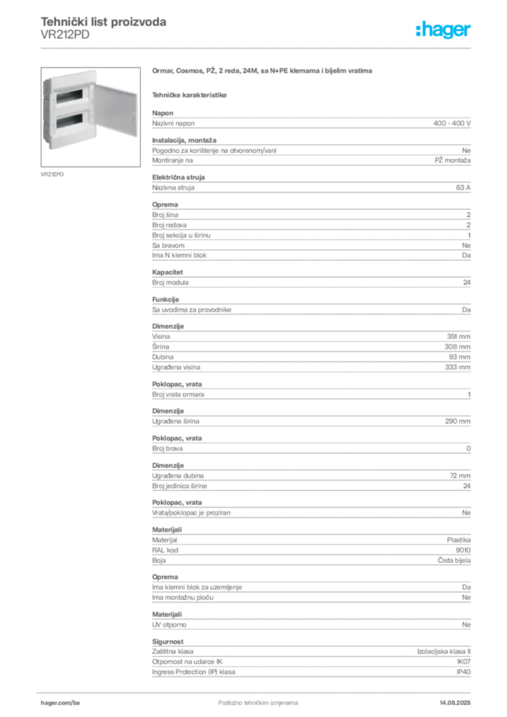 Slika Hager Product data sheet VR212PD  | Hager