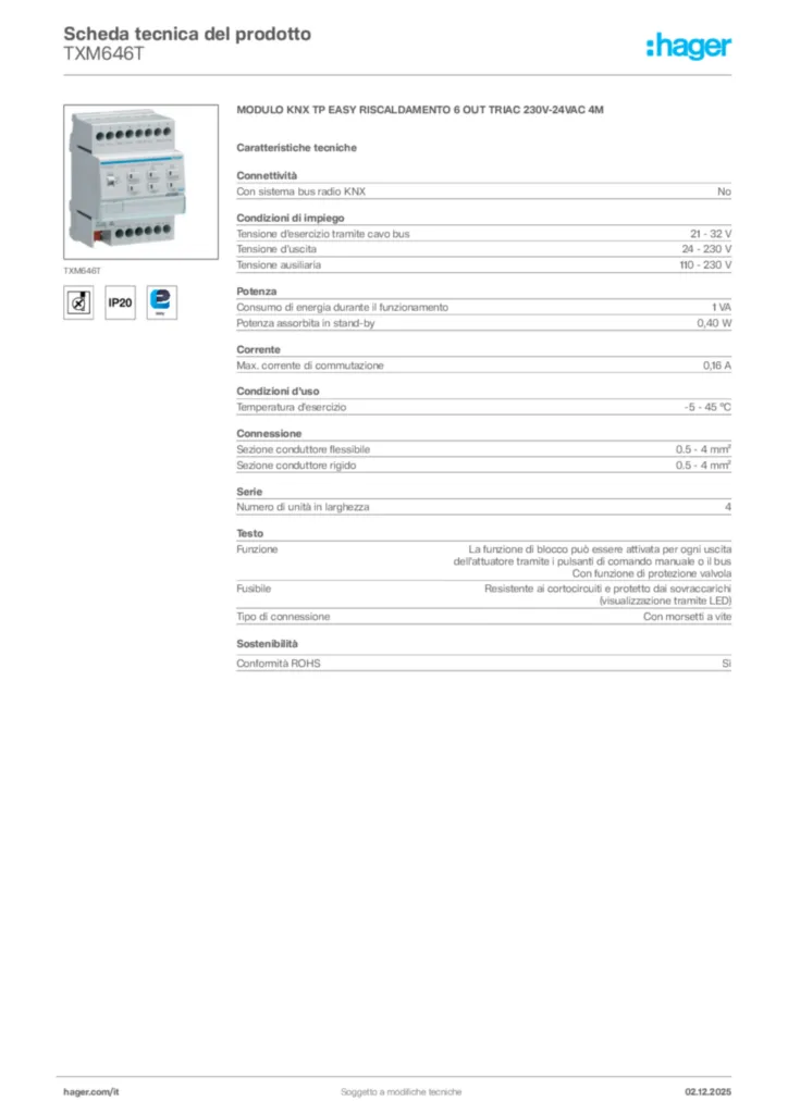 Immagine Hager Scheda tecnica del prodotto TXM646T | Hager Italia