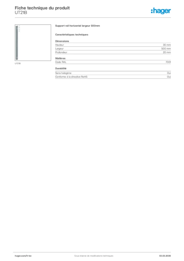 Image Hager Fiche technique du produit UT21B | Hager Belgique
