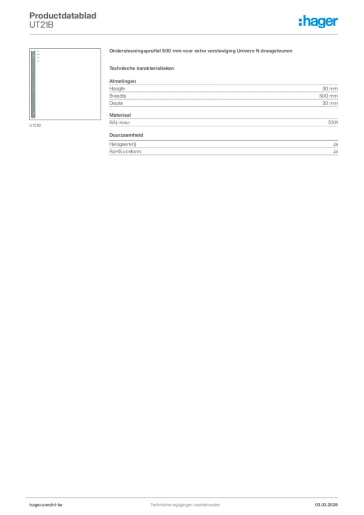 Afbeelding Hager Productdatablad UT21B | Hager Belgium