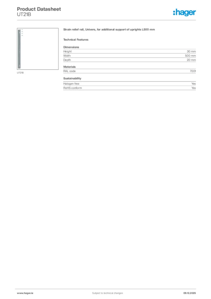 Image Hager Product data sheet UT21B  | Hager