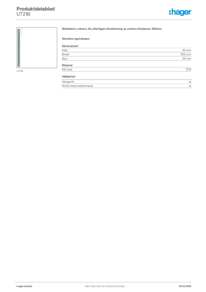 Bild Hager Produktdatablad UT21B | Hager Sverige