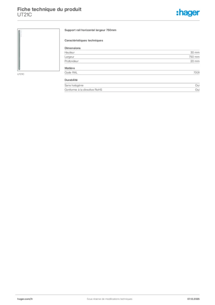 Image Hager Fiche technique du produit UT21C | Hager France