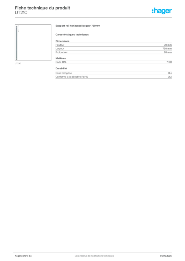 Image Hager Fiche technique du produit UT21C | Hager Belgique