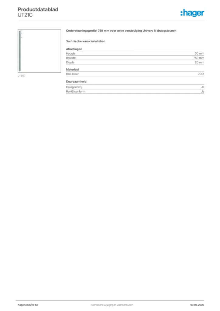 Afbeelding Hager Productdatablad UT21C | Hager Belgium