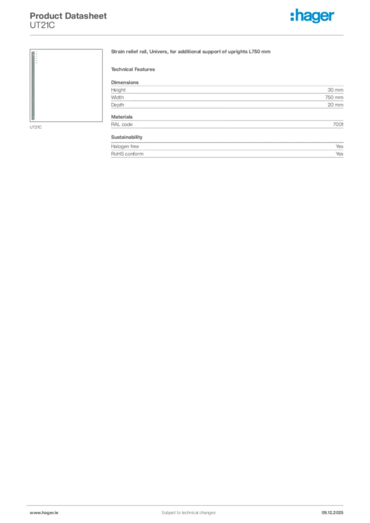 Image Hager Product data sheet UT21C  | Hager