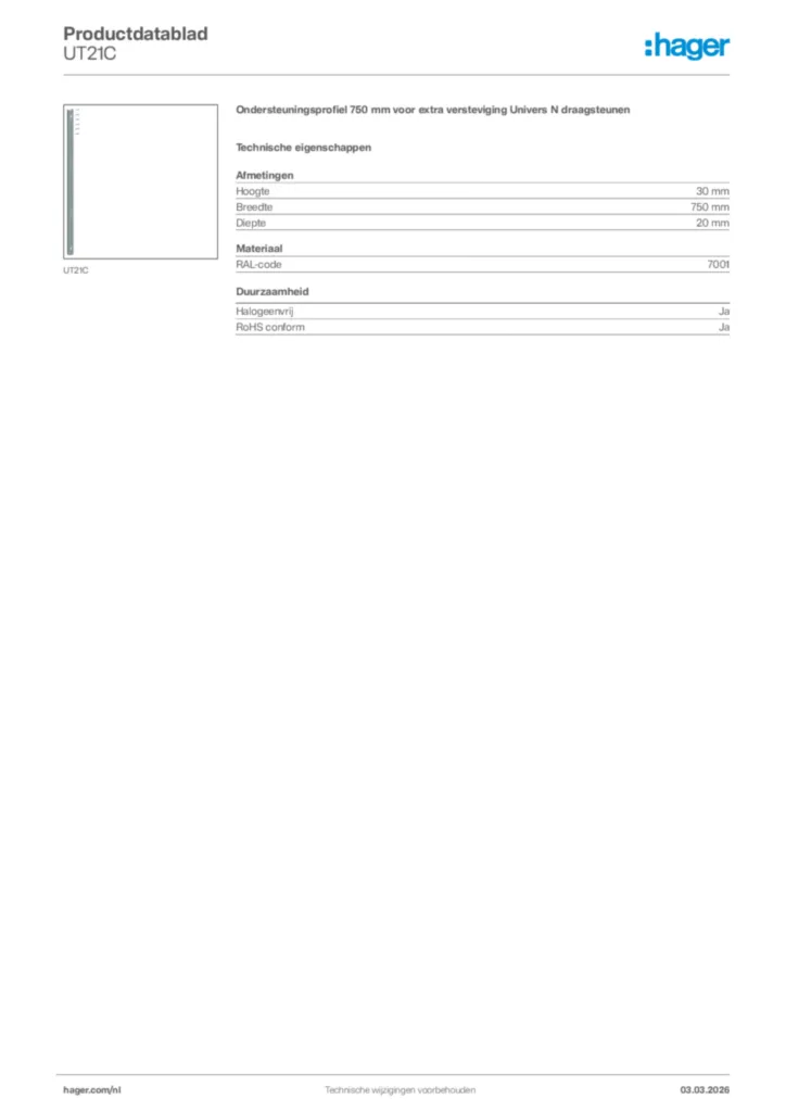 Afbeelding Hager Productdatablad UT21C | Hager Nederland