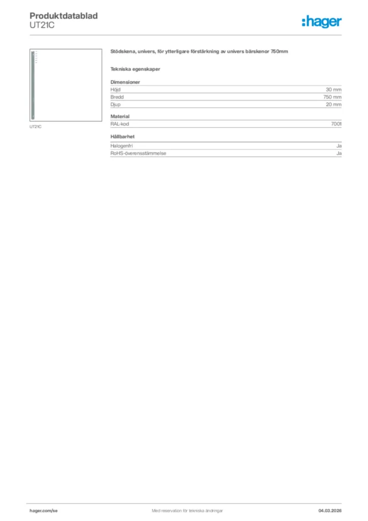 Bild Hager Produktdatablad UT21C | Hager Sverige