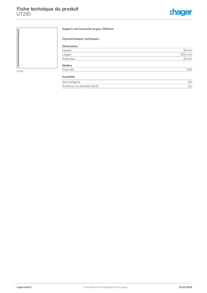 Image Hager Fiche technique du produit UT21D | Hager France