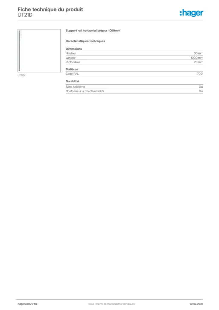 Image Hager Fiche technique du produit UT21D | Hager Belgique