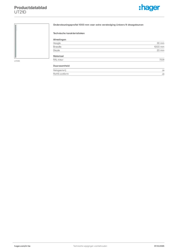 Afbeelding Hager Productdatablad UT21D | Hager Belgium
