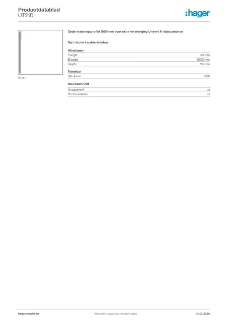 Afbeelding Hager Productdatablad UT21D | Hager Belgium