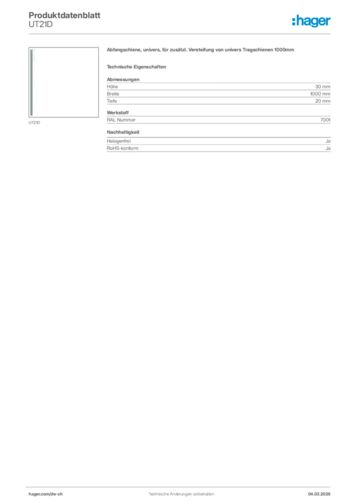 Bild Hager Produktdatenblatt UT21D | Hager Schweiz