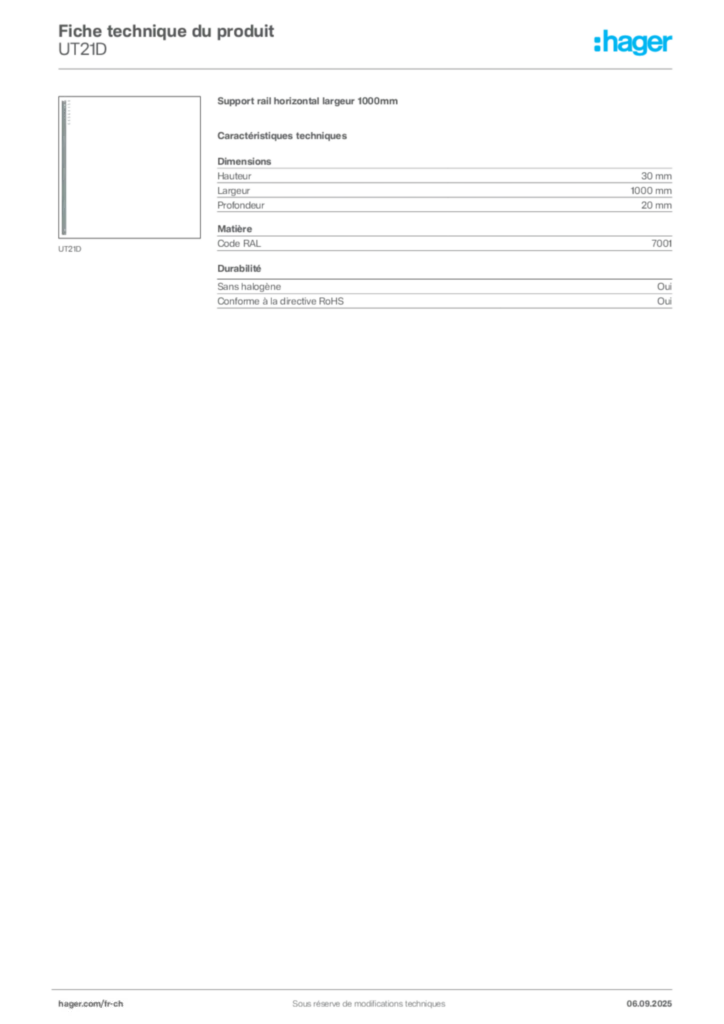 Image Hager Fiche technique du produit UT21D | Hager Suisse