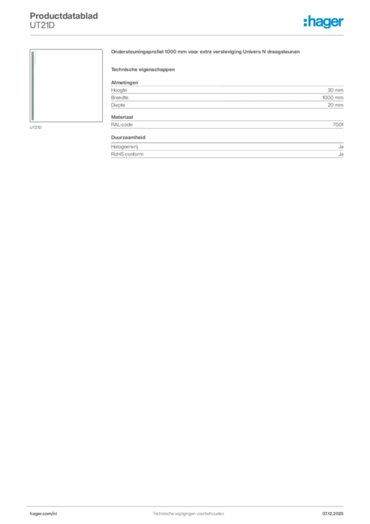 Afbeelding Hager Productdatablad UT21D | Hager Nederland