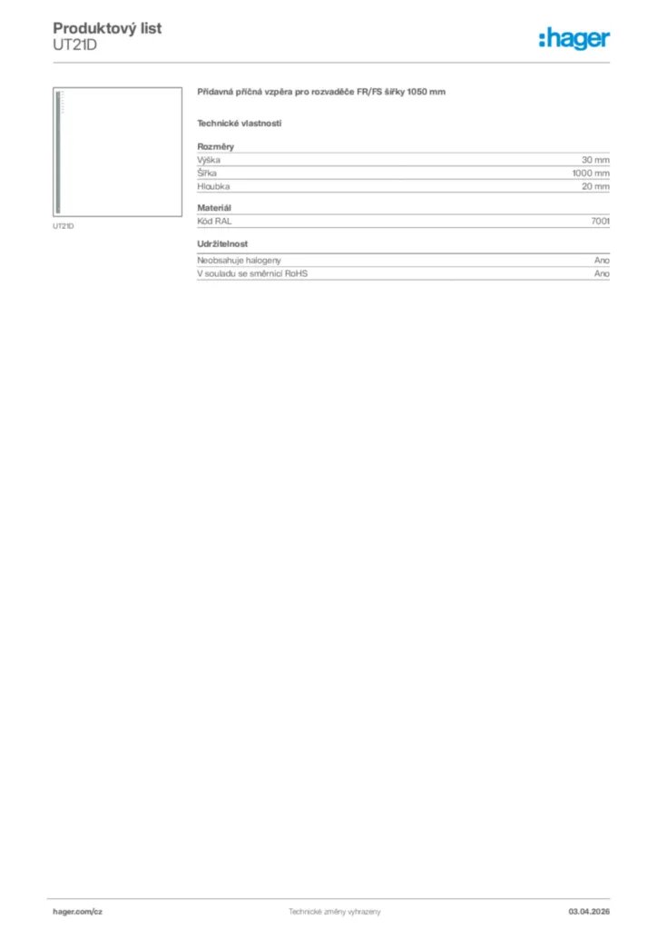 Obrázek Hager Product data sheet UT21D | Hager