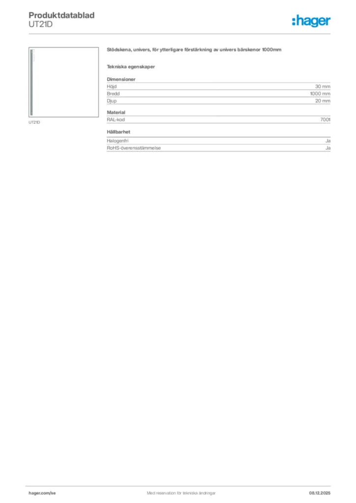 Bild Hager Produktdatablad UT21D | Hager Sverige