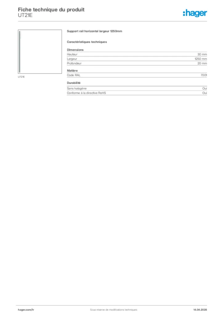 Image Hager Fiche technique du produit UT21E | Hager France