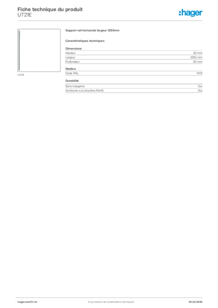 Image Hager Fiche technique du produit UT21E | Hager Suisse