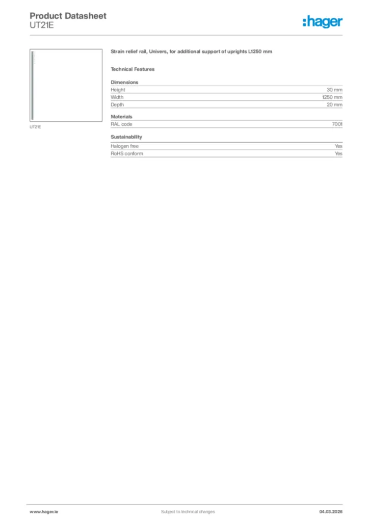 Image Hager Product data sheet UT21E  | Hager