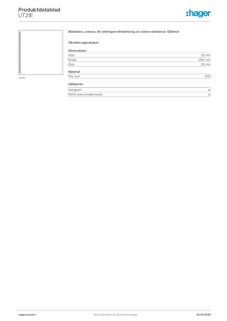 Bild Hager Produktdatablad UT21E | Hager Sverige