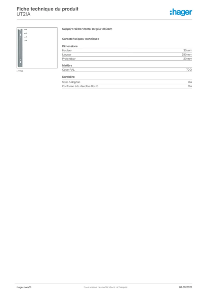 Image Hager Fiche technique du produit UT21A | Hager France