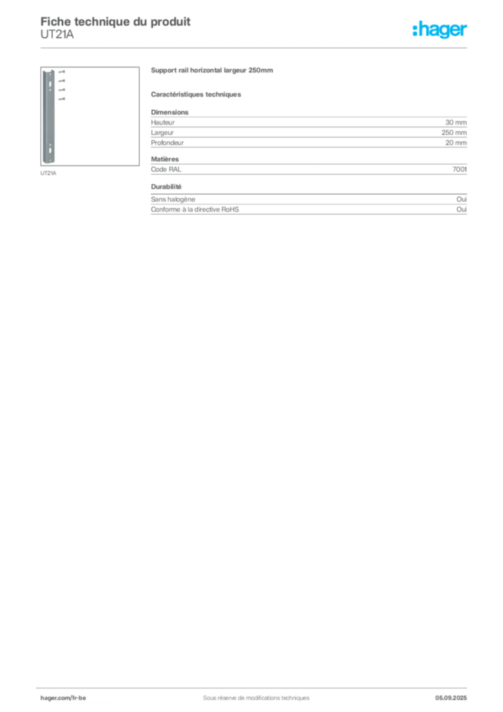 Image Hager Fiche technique du produit UT21A | Hager Belgique