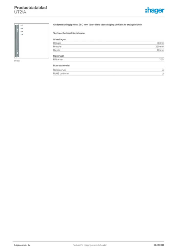 Afbeelding Hager Productdatablad UT21A | Hager Belgium