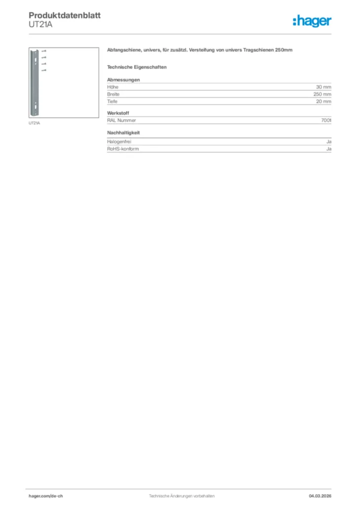 Bild Hager Produktdatenblatt UT21A | Hager Schweiz