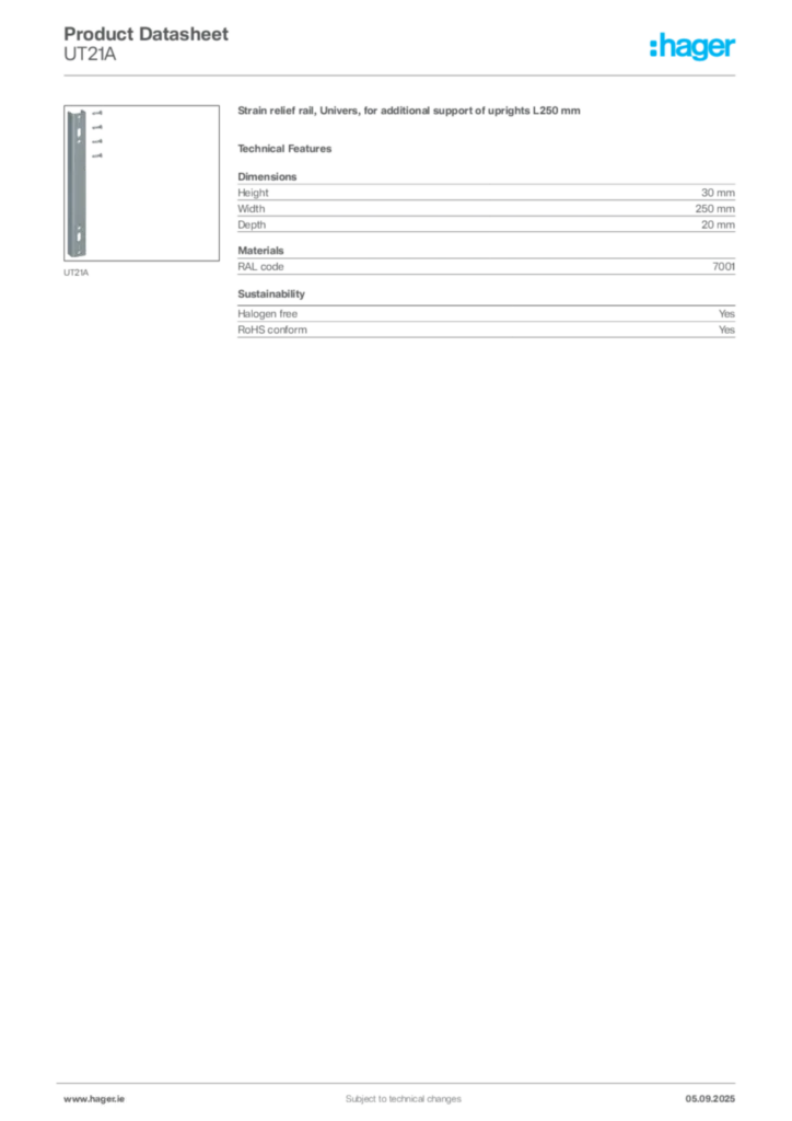 Image Hager Product data sheet UT21A  | Hager