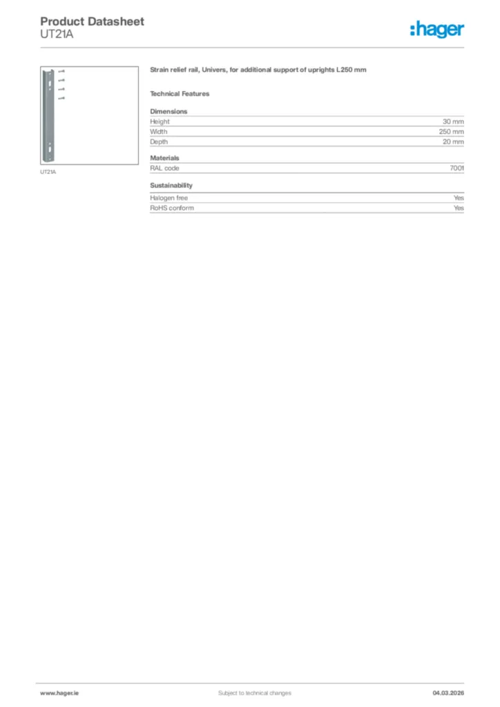 Image Hager Product data sheet UT21A  | Hager